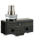 Panel Mount Micro Switch With Plunger Actuator 1NO 1NC SPDT 10A 250VAC Built Tough Momentary Limit Switch With 3 Screw Terminals Industrial Grade Precision Position Sensing CE Certified, black body, front view