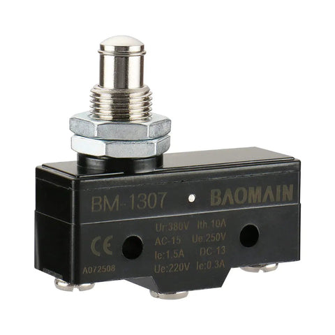 Panel Mount Micro Switch With Plunger Actuator 1NO 1NC SPDT 10A 250VAC Built Tough Momentary Limit Switch With 3 Screw Terminals Industrial Grade Precision Position Sensing CE Certified, black body, front view