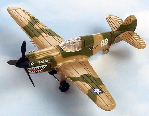 Die-cast P-40 War Hawk model airplane with detailed camouflage and shark teeth design, part of connectible runway system.
