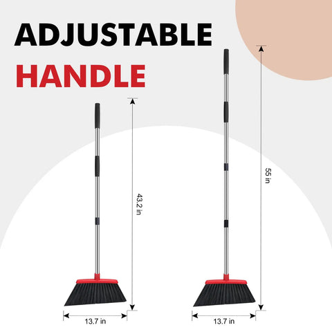 Heavy Duty Angle Broom With Adjustable Handle And Wide Brush Head Built Like A Beast To Clean Concrete Patios Garages And Driveways Without Breaking A Sweat Two Pack Black Red, showing adjustable handle heights.