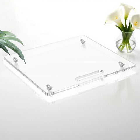Slick Kitchen Appliance Roller Base Tray With Quiet Rubber Wheels And Heavy Duty Pull Handle For No Sweat Countertop Glide, clear acrylic design.