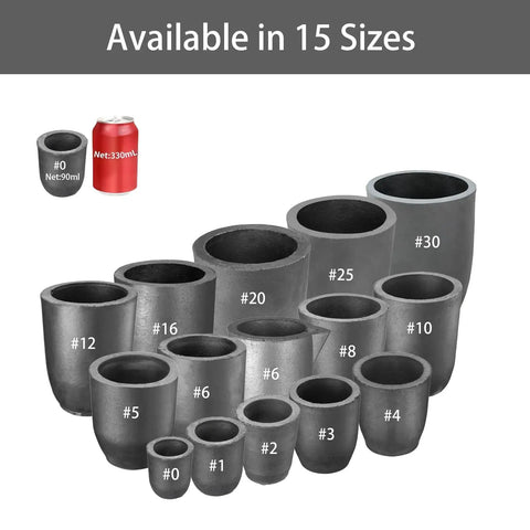 Heavy Duty Clay Graphite Crucible With Pour Spout For Metal Melting And Foundry Work available in 15 sizes displayed.