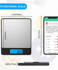 Ultra Precise Digital Kitchen Scale 3000g/0.1g, LCD Display, dimensions shown, next to phone for size reference.