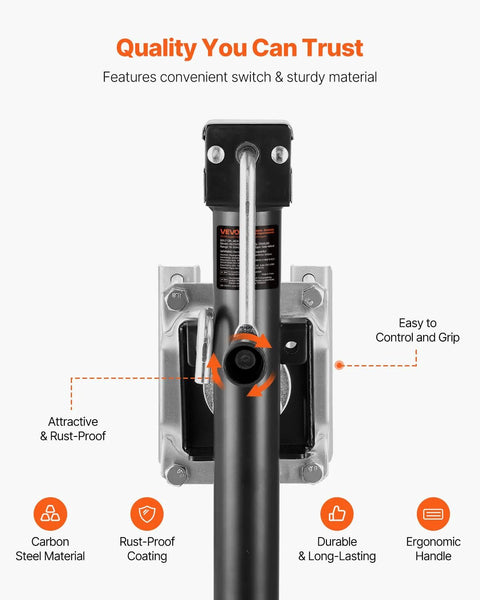 Front view of VEVOR 2500-lb bolt-on trailer jack with ergonomic handle for RV and utility trailers.