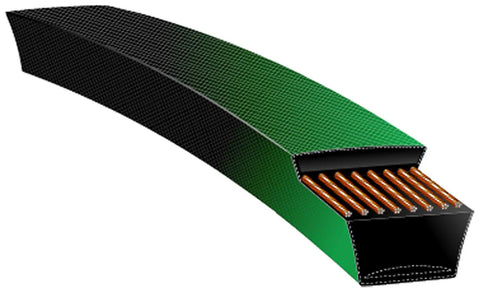 Heavy Duty Bareback V Belt One Half Inch By Twenty Two Inch With Aramid Tensile Cords for Smooth Clutching in Shock Loaded Backside Idler Driven Equipment Green Low Friction Wrapping, side view illustration with internal aramid cords visible