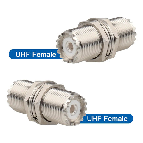 UHF Female to Female Bulkhead Connector for PL259 Coax, 50 Ohm RF Adapter, SO239 to SO239, brass nickel plated