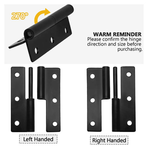 Dead Simple Black Lift Off Cabinet Hinges Left Handed 2.5 Inch Size shown with right handed hinge comparison.