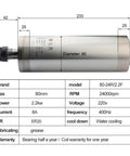 Diagram of Speed Demon 24000 RPM 2.2kW ER20 Water Cooled Milling Motor with dimensions and specifications chart.