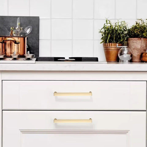30 Pack 5 Inch Brushed Gold Cabinet Pulls For Cabinets And Drawers, Easy Install Kitchen Hardware, Durable Metal Handles With Modern Gold Finish, Scratch Resistant, Ideal For Home Makeovers, DIY Projects, And Frequent Upgrades on white drawers