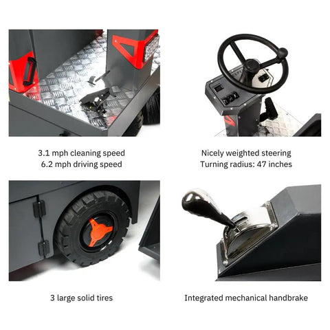 Ready To Roll Ride On Industrial Floor Sweeper Packaged With Long Life Lithium Battery And Grip Tight Solid Tires. Features sturdy tires, ergonomic controls.