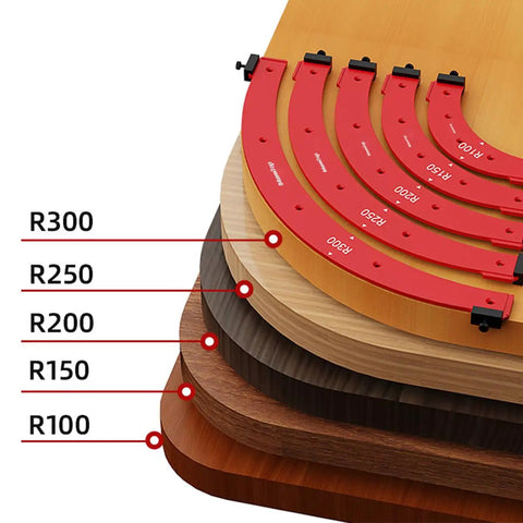 Heavy Duty Aluminum Router Corner Radius Template And Routing Jig Set With Five Precision Guides displaying R100 to R300 plates.