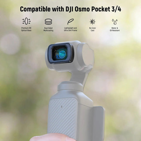 Hand holding DJI Osmo Pocket 3/4 compatible camera with ND Filter Set With 0.75x Wide Angle Lens 108 Degree FOV and accessories.