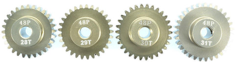 Set of 48 pitch aluminum pinion gears marked 28T to 31T for RC trucks, fits 540 and 550 size motors, includes four set screws.