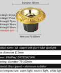 12 Pack Badass Durable Brass And Copper Finish Recessed LED Ceiling Downlights Featuring Slick Baffle Trim showing brass anti-glare spotlight, diameter 115mm.