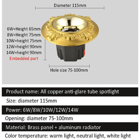 12 Pack Badass Durable Brass And Copper Finish Recessed LED Ceiling Downlights Featuring Slick Baffle Trim showing brass anti-glare spotlight, diameter 115mm.