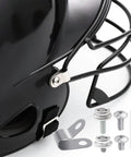 Close-up of All In One 31 Piece Football And Hockey Helmet Repair Kit with J-clips, visor clips, nuts, and screws next to helmet.