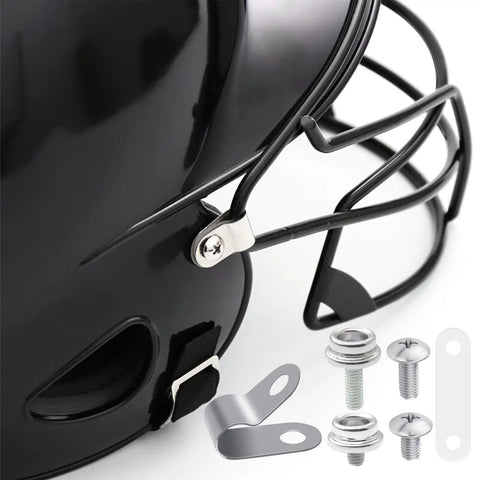 Close-up of All In One 31 Piece Football And Hockey Helmet Repair Kit with J-clips, visor clips, nuts, and screws next to helmet.
