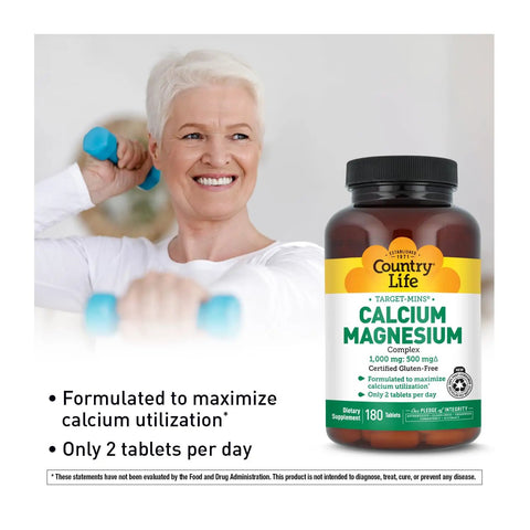 Woman exercising with dumbbells next to Target Mins Calcium Magnesium Complex For Strong Bones And Daily Health Boost bottle