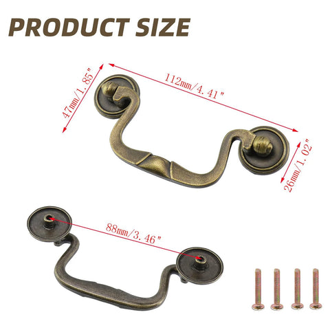Antique Bronze Cabinet Pulls Set Of 4 With 3.5 Inch Center Hole 88mm Vintage Dresser Handles product size diagram with screws shown