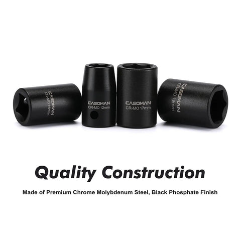 Four impact sockets from Half Inch Drive Impact Socket Set Metric Shallow 10mm To 36mm With Cr-Mo Alloy Steel Radius Corner Design