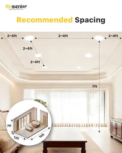 Four Inch LED Recessed Light Canless Wafer Dimmable 750 Lumens Dope Bright 5000K Daylight 9W 120V damp-rated ceiling spacing guide