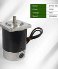 Front view of ZYT83-10S Brushed Lathe Motor 120W 110V 2500RPM M10 Shaft Spindle with visible specifications chart.