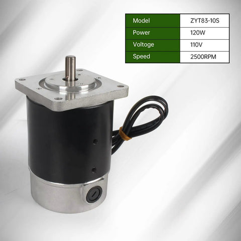 Front view of ZYT83-10S Brushed Lathe Motor 120W 110V 2500RPM M10 Shaft Spindle with visible specifications chart.