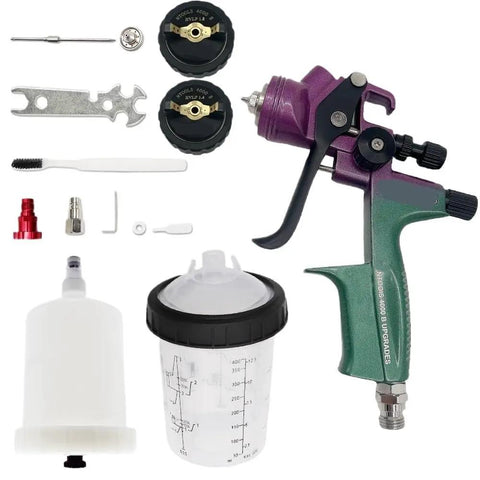 Kick-Butt 1.4mm Air Spray Gun With 1.8mm Nozzle Kit, 400cc mixing cup, and tools for varnishes, primers, and paints.