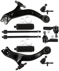 Front view of 10-piece ASTOU front suspension kit in black with control arms, tie rods, ball joints, boots, hardware