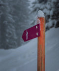 Hiking trail signpost with purple arrow and hiker symbol, covered in snow, in a winter landscape.