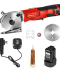 Sencan Cordless Electric Rotary Shear Cutter, 14.4V with blades, battery, charger, and grease for fabric cutting.