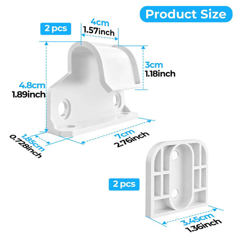 White Retractable Or Extension Baby Gate Repair Kit 55 Wide By 33 Tall Featuring Twin Latches Rock Solid Brackets And Full Hardware Set For No Sweat Install Job, two durable plastic brackets with dimensions.