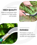 Close view of ergonomic manual weeder garden tool set with manganese steel blade used in harvesting and weeding.