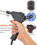 Hand holding 5 In 1 Soldering Gun Kit With 60W Auto Feed Soldering Iron, featuring ABS grip, on/off switch, side open door.