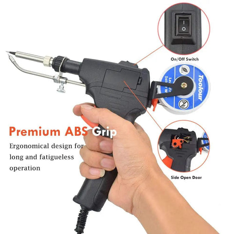 Hand holding 5 In 1 Soldering Gun Kit With 60W Auto Feed Soldering Iron, featuring ABS grip, on/off switch, side open door.