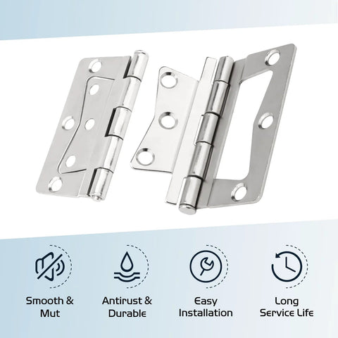 Front view of four stainless steel butterfly hinges with mounting screws for RV/mobile home interior doors.