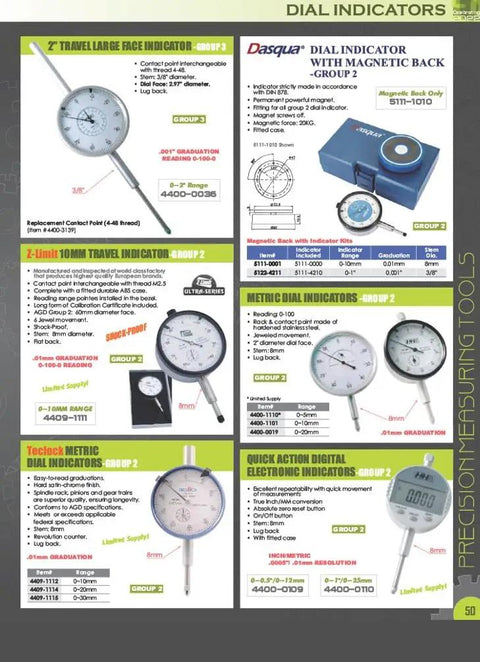 AGD Group 1 Dial Indicator 0 To.250 Inch, Three Eighths Inch Stem, Satin Chrome Finish, Jeweled Movement, Hardened Stainless Steel Rack And Contact Point, One And A Half Inch Dial Face, Lug Back, Reading 0 To 100,.001 Inch Graduation