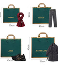 Four green gift bags labeled trumpet, medium, large, and extra large with clothing items to show scale, beige handles