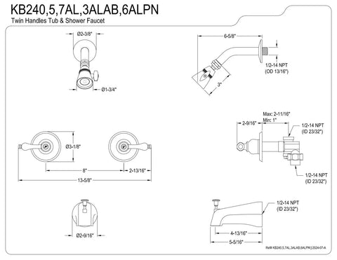 Diagrams of Twin Handle Tub And Shower Faucet With Decor Lever In Oil Rubbed Bronze Wall Mount Bath Fixture, dimensions included