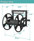 Outdoor Wall Mounted Hose Reel With Hook And Leader Hose, Heavy Duty Metal Water Organizer dimensions diagram, 125 ft capacity, black