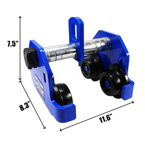 Beefed Up Dual Wheel Beam Trolley For One Ton Heavy Duty Lift With 2200 Lbs Capacity Push Manual Trolley Hoist On Dual Track Rollers Adjustable Two And A Half Inch To Eight Inch Flange For I Beam Lifting, shown in blue with dual wheels and dimensions.