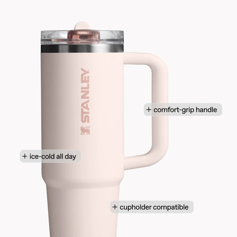 Solid Double Wall Vacuum Insulated Flip Straw Travel Tumbler With Secure Leakproof Lid Keeps Drinks Ice Cold All Day Long Rose Quartz Thirty Ounce Portable Cup For Gym Hiking And Daily Grind with comfort grip handle and flip lid.