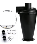 Turbo Woodworking Vacuum Filter Cyclone Separator For Industrial And Home Dust Collection With Flange Improve Air Quality And Extend Vacuum Life Performance And Efficiency For Cleaner Air, shown with parts and fittings.