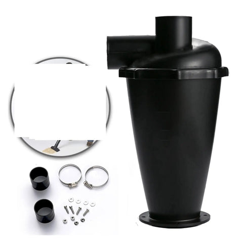 Turbo Woodworking Vacuum Filter Cyclone Separator For Industrial And Home Dust Collection With Flange Improve Air Quality And Extend Vacuum Life Performance And Efficiency For Cleaner Air, shown with parts and fittings.