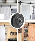 Rock Solid Barn Door Wheels With Silent Nylon Rollers And Heavy Duty Zinc Alloy Sliding Closet Hardware For Butter Smooth Glide close-up of black nylon roller and usage in home decor.
