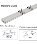 Mounting guide for 6 Pack 30cm U Shape LED Aluminum Channel System with Milky Diffuser Cover End Caps and Mounting Clips.
