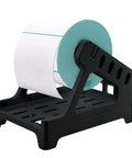 Real Deal Label Roll Organizer Desk Stand For Thermal Printers And Fan Fold Stickers Rack with a large label roll mounted.