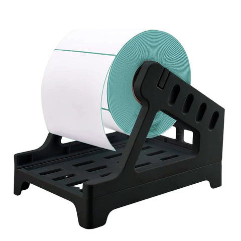 Real Deal Label Roll Organizer Desk Stand For Thermal Printers And Fan Fold Stickers Rack with a large label roll mounted.