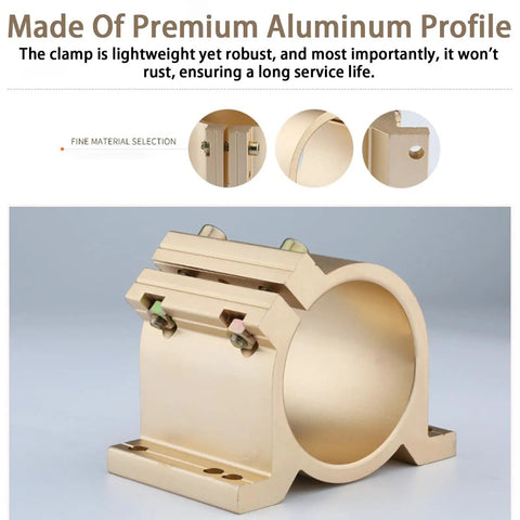 Heavy Duty CNC Router Spindle Clamp Bracket 65Mm 80Mm Frame Offering Straight Up 50Mm 63Mm Dual Hole Layout close-up of gold aluminum design.