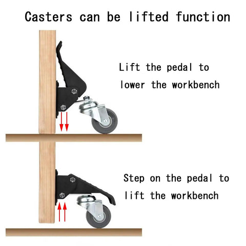 Retractable Workbench Casters With Quick Release Plate Four Pack demonstrating lift function for easy garage upgrade.